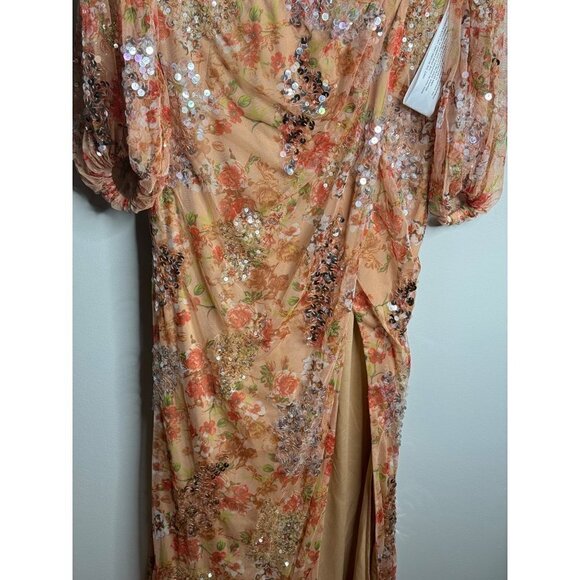MAC DUGGAL Floral Sequin Long Sleeve Gown Dress in Apricot Size 12 NWT 93547 - Picture 7 of 8